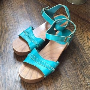 Turquoise leather wooden sandals